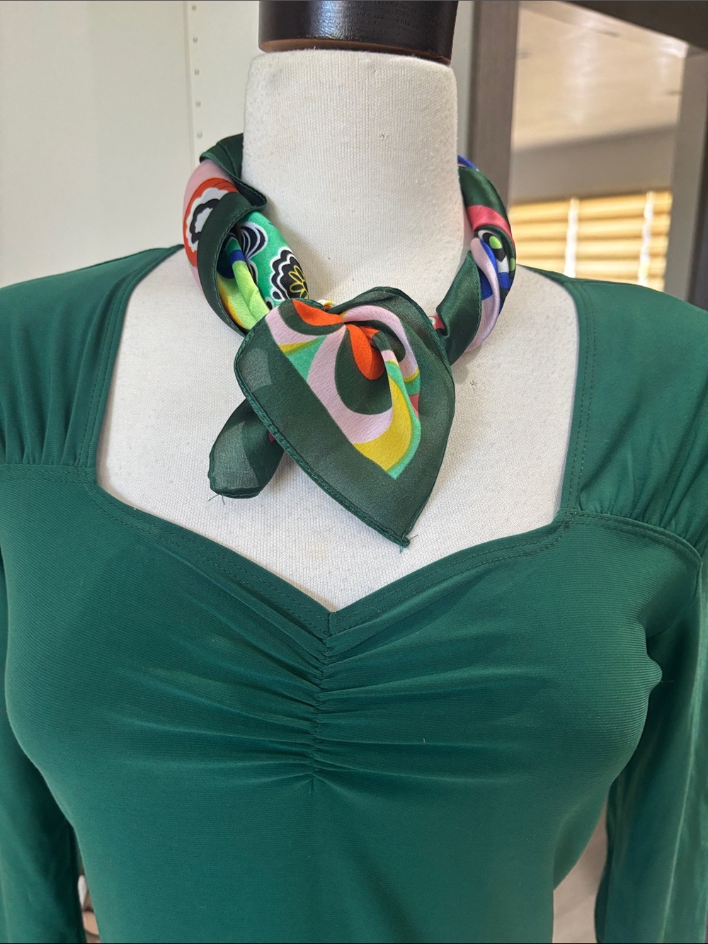 Multicolor Floral Silk-Feel Neckerchief with Green Border